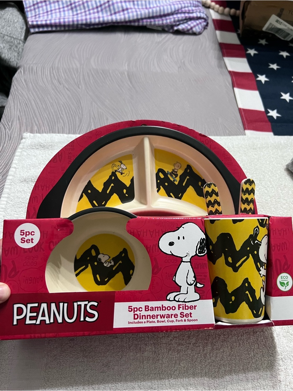 Peanuts Snoopy Charlie Brown 5pc Bamboo Fiber Dinnerware Set New Plate Bowl Cup